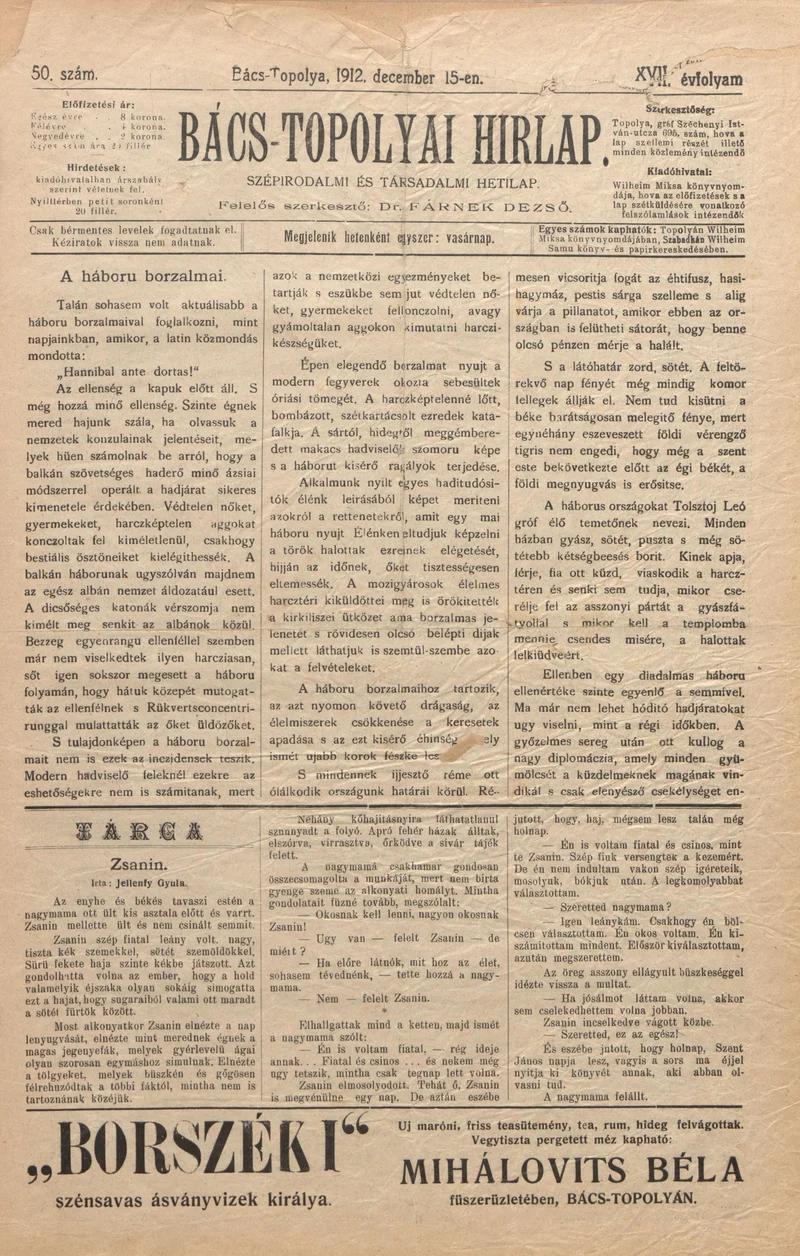 Bács-Topolyai Hirlap, 17. évf. 1912. december 15. 50. sz.