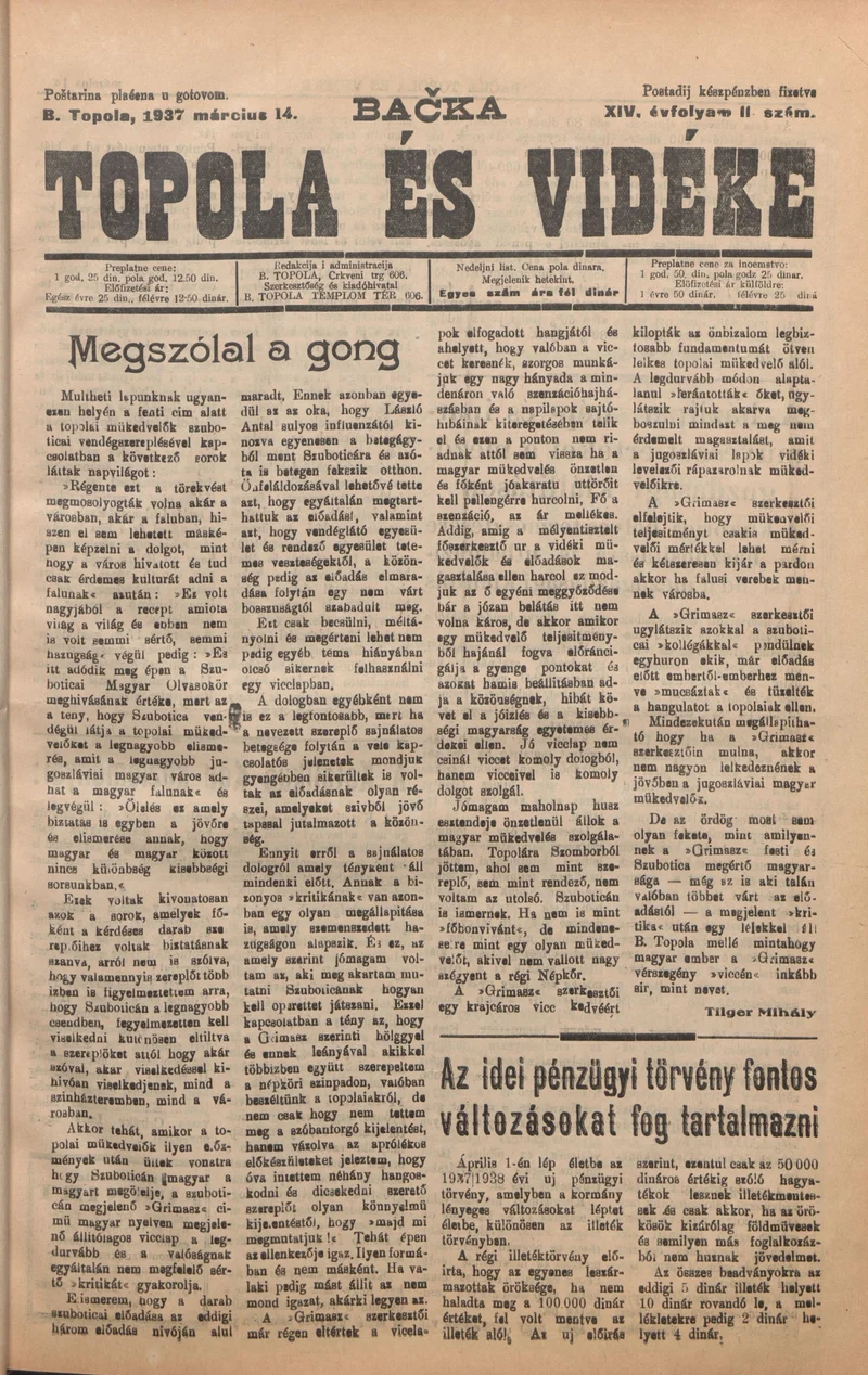 Bačka Topola és Vidéke, 14. évf. 1937. március 14. 11. sz.