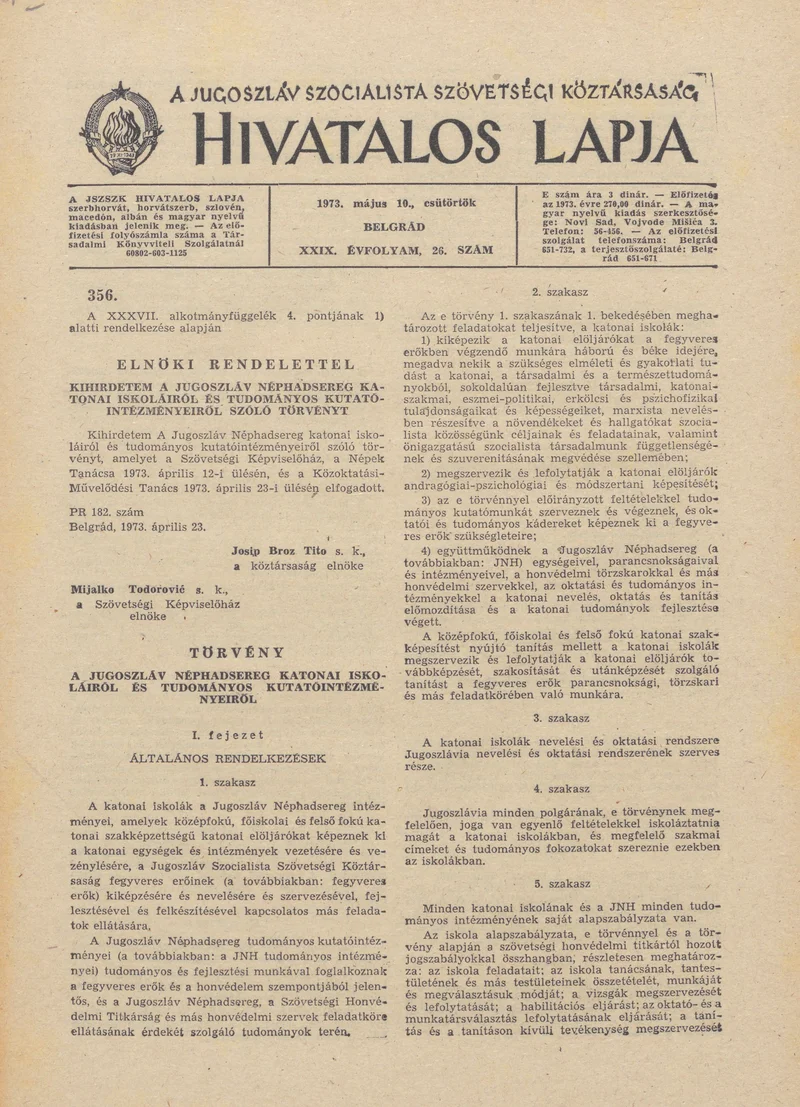 A Jugoszláv Szocialista Szövetségi Köztársaság Hivatalos Lapja, 29. évf. 1973. május 10. 26. sz. 857–880. oldal