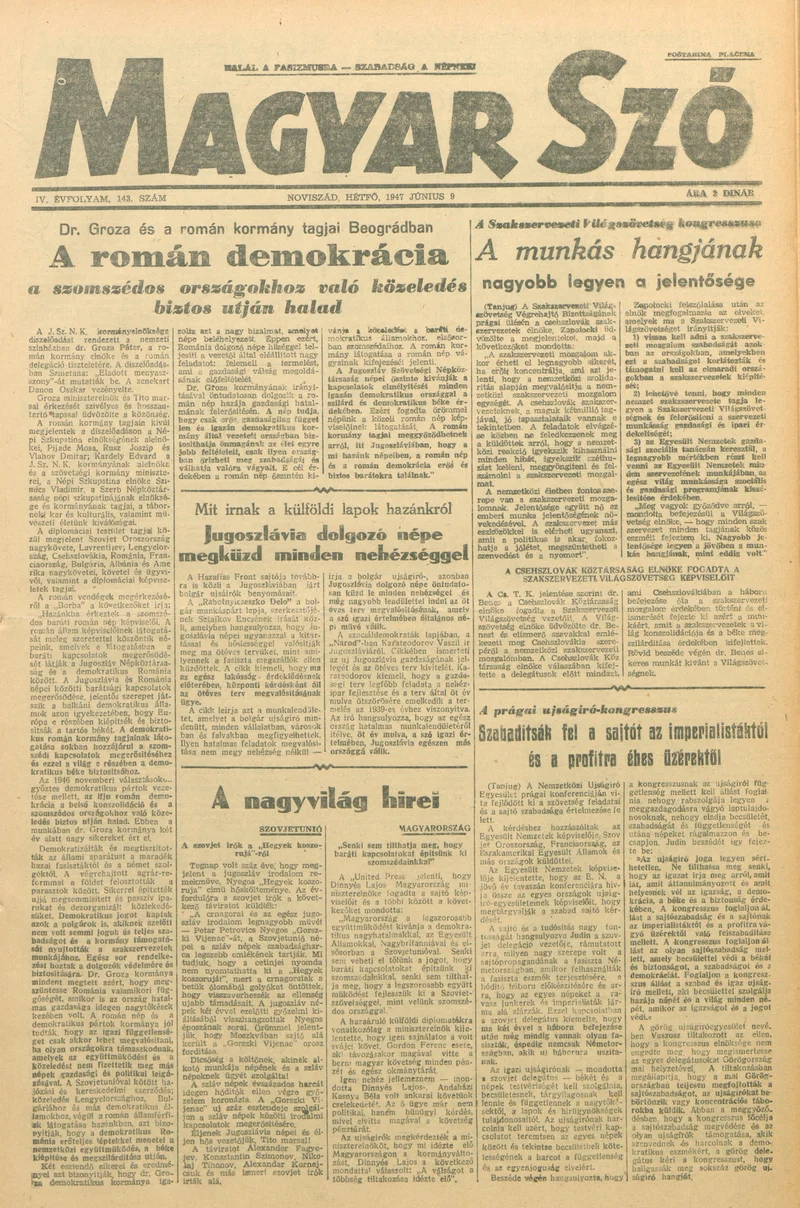 Magyar Szó, 4. évf. 1947. június 9. 143. sz. 1–4. oldal