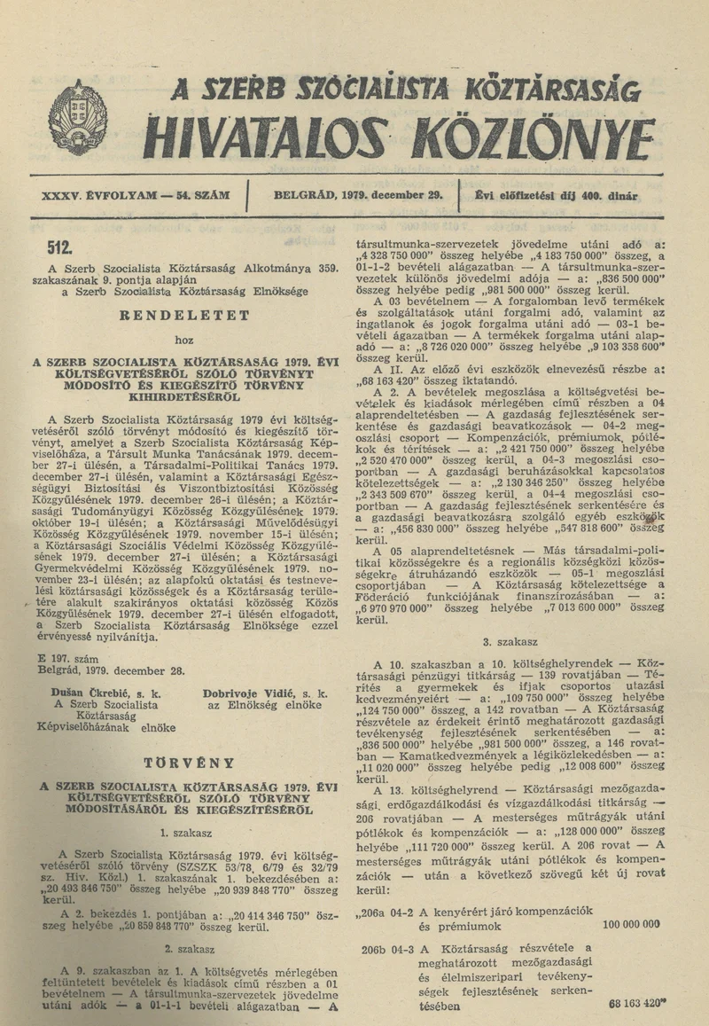 A Szerb Szocialista Köztársaság Hivatalos Közlönye, 35. évf. 1979. december 29. 54. sz. 2097–2100. oldal