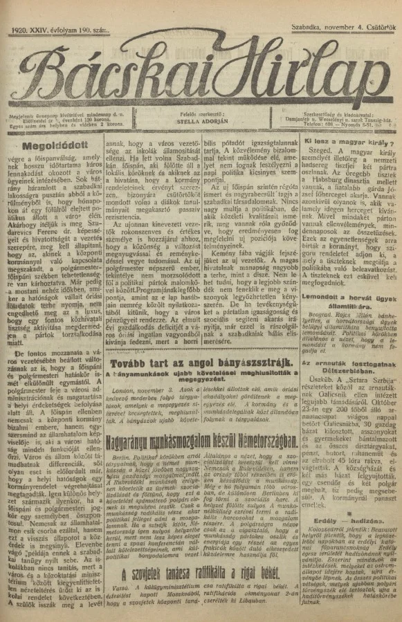 Bácskai Hirlap, 24. évf. 1920. november 4. 190. sz.