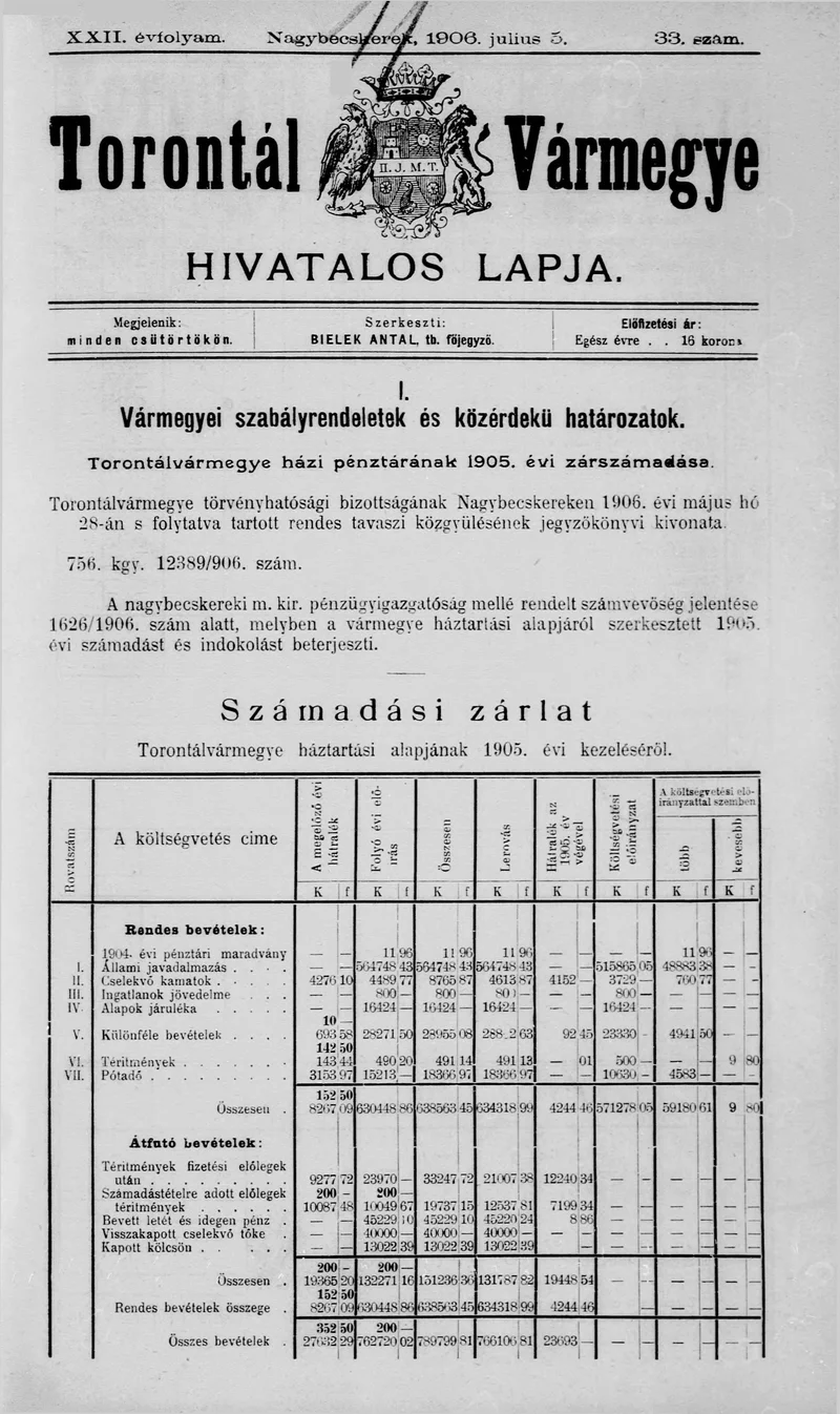 Torontál Vármegye Hivatalos Lapja, 22. évf. 1906. július 5. 33. sz.