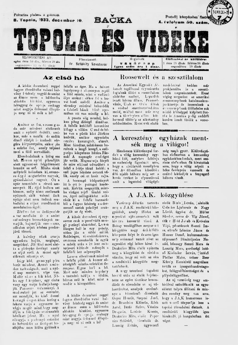 Bačka Topola és Vidéke, 10. évf. 1933. december 10. 50. sz.