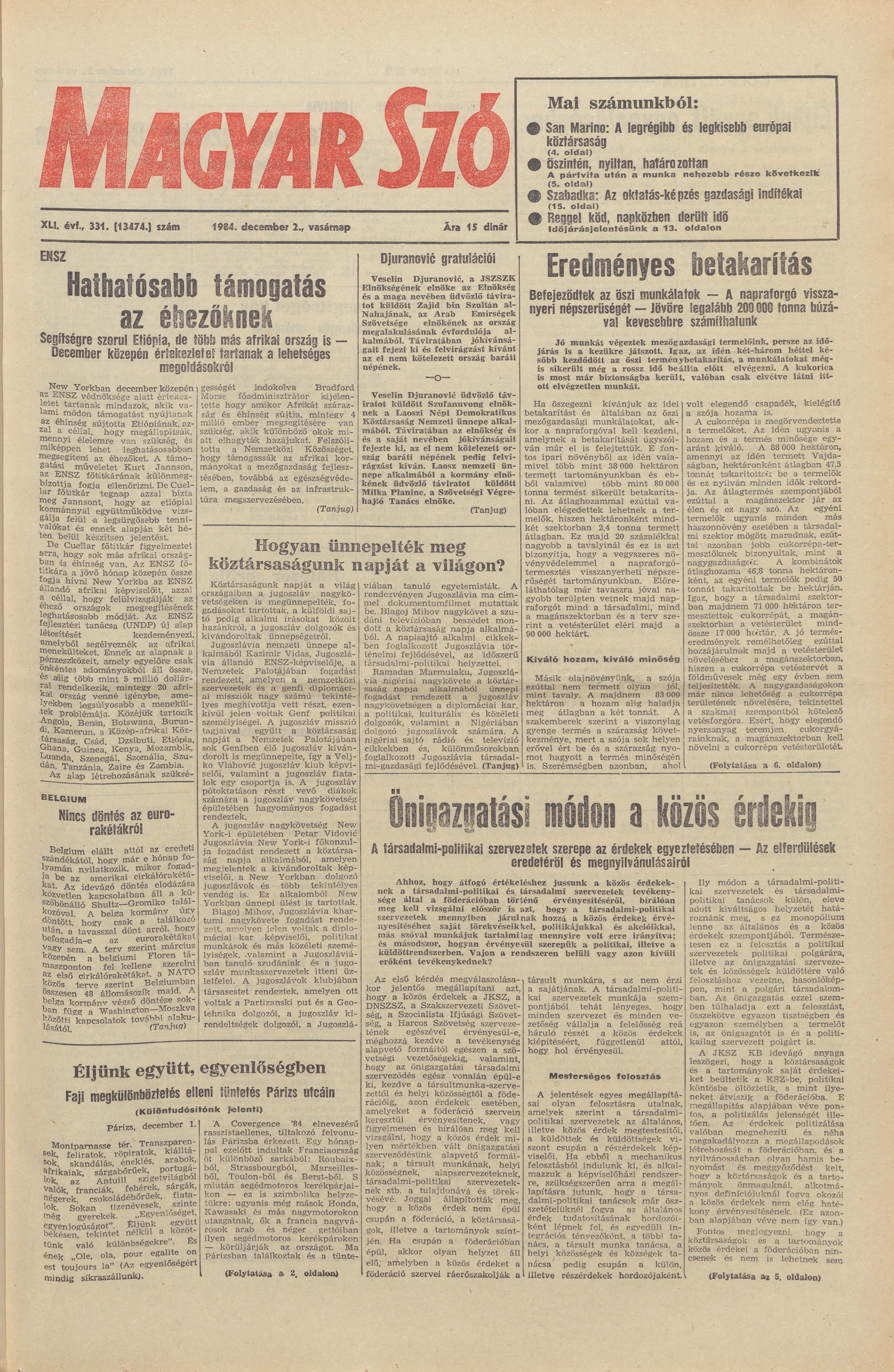 Magyar Szó, 41. évf. 1984. december 2. 331. sz. 1–24. oldal