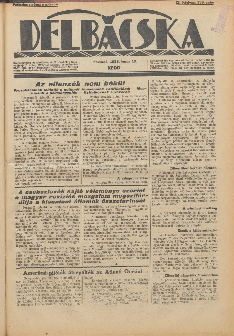 Délbácska, 9. évf. 1928. június 19. 139. sz.