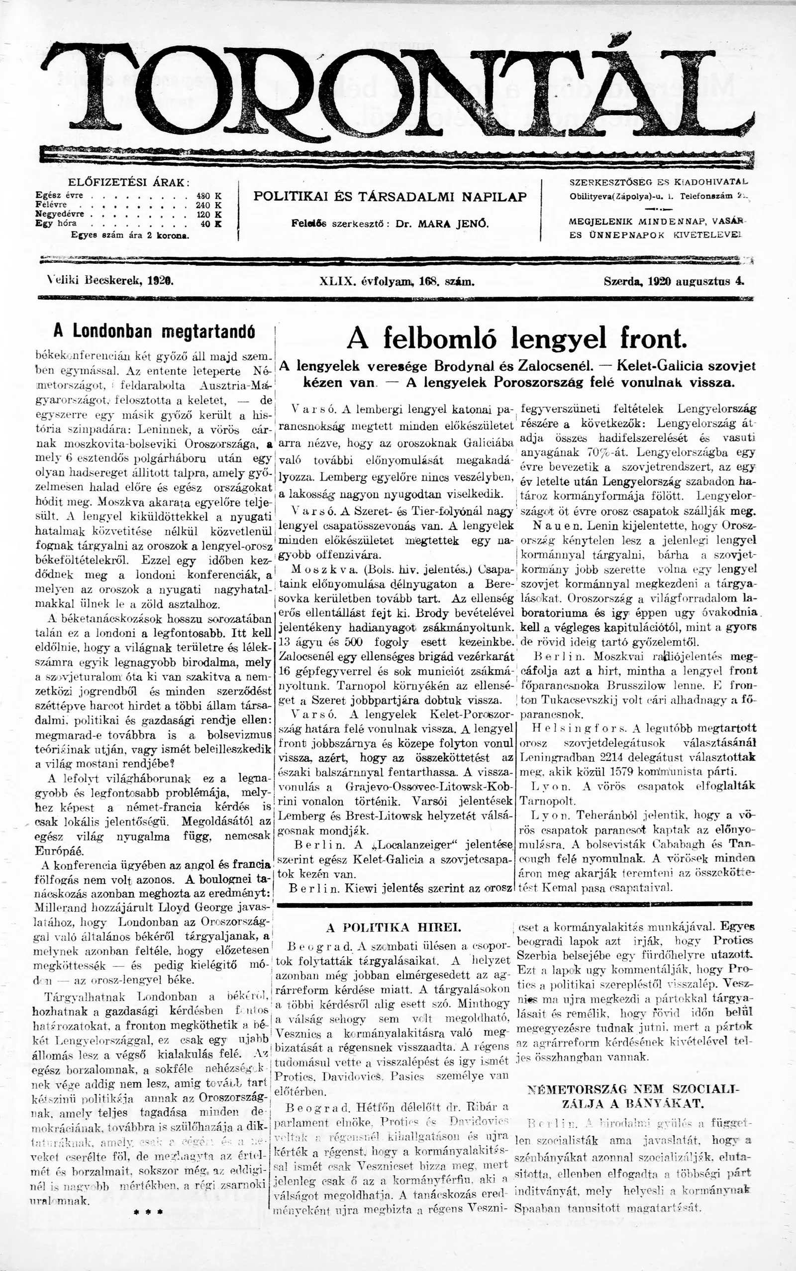 Torontál, 49. évf. 1920. augusztus 4. 168. sz.