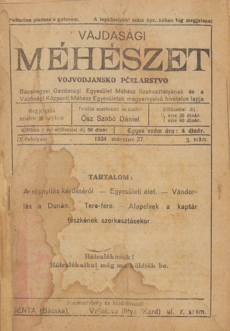 Vajdasági méhészet, 9. évf. 1934. március 27. 3. sz.
