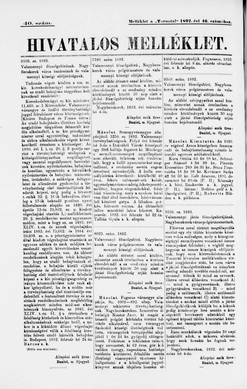 A Totontál  hivatalos melléklete, 5. évf. 1892. március 19. 40. sz.