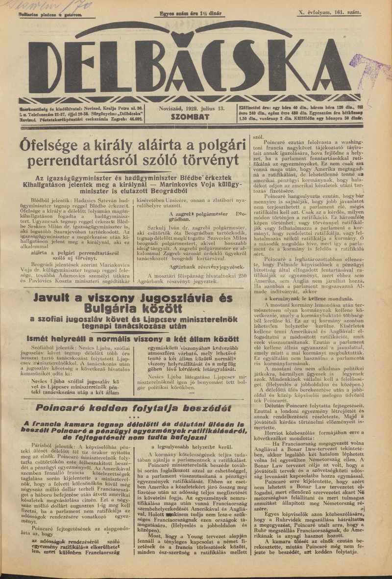 Délbácska, 10. évf. 1929. július 13. 161. sz.
