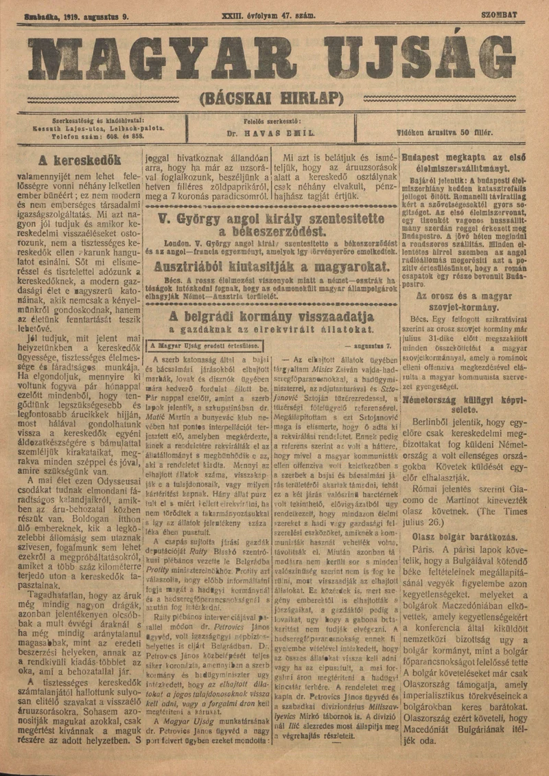 Bácskai Hirlap, 23. évf. 1919. augusztus 9. 47. sz.