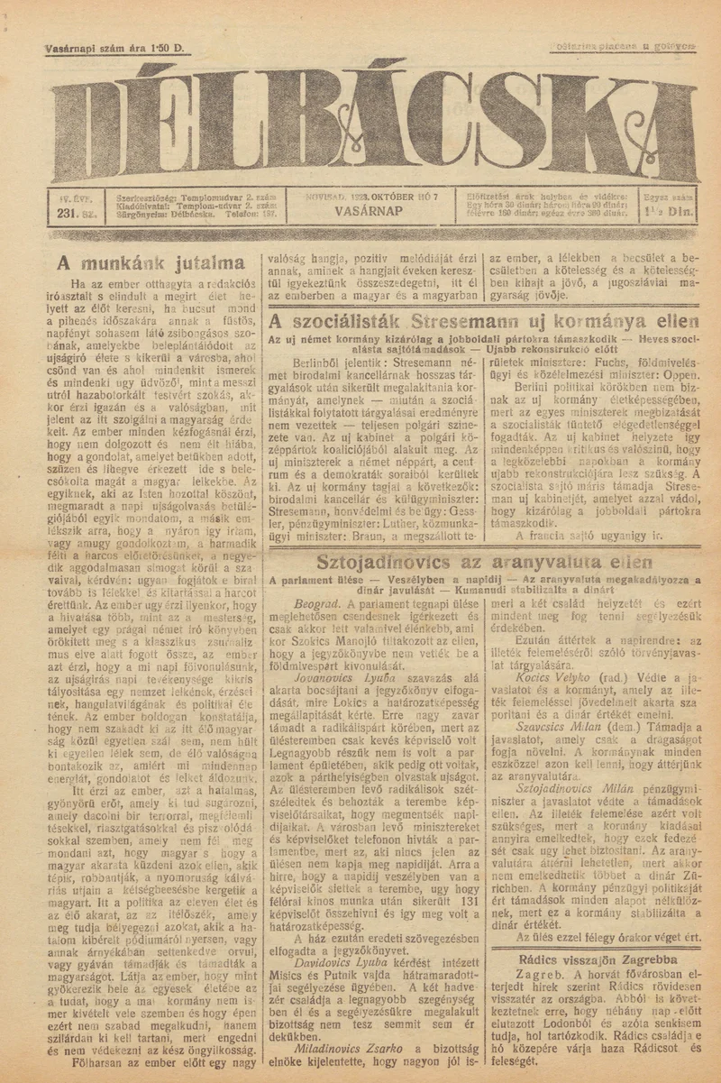 Délbácska, 4. évf. 1923. október 7. 231. sz.