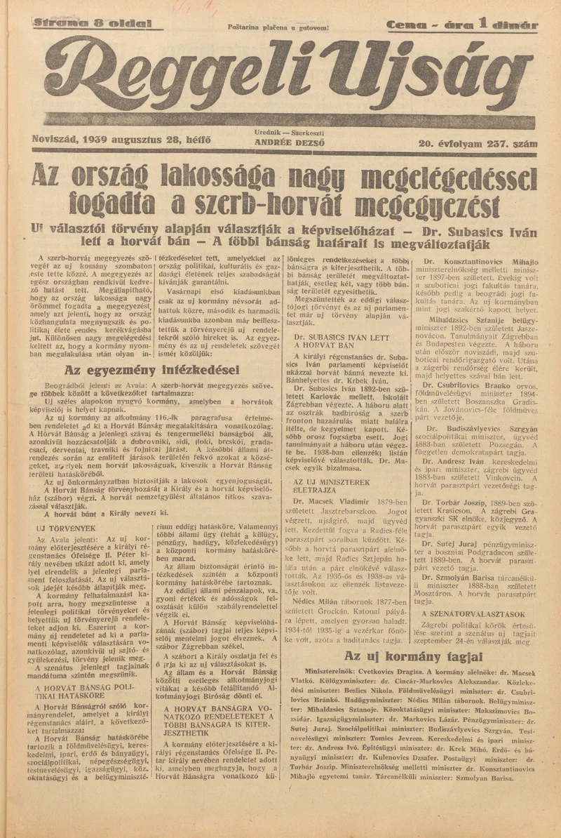 Reggeli Újság, 20. évf. 1939. augusztus 28. 237. sz.