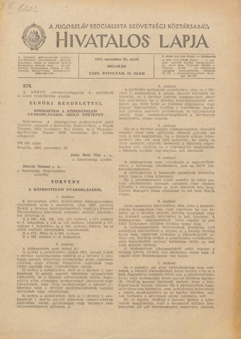 A Jugoszláv Szocialista Szövetségi Köztársaság Hivatalos Lapja, 29. évf. 1973. november 26. 63. sz. 1797–1800. oldal