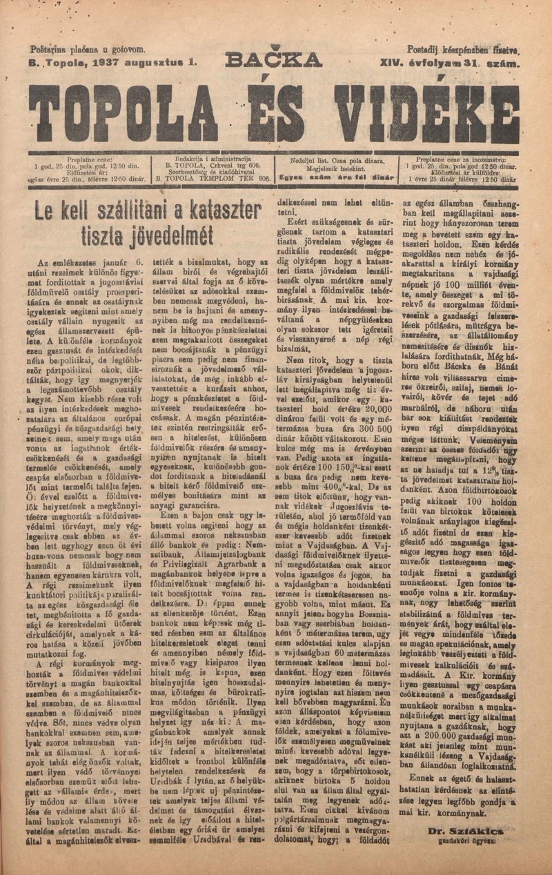 Bačka Topola és Vidéke, 14. évf. 1937. augusztus 1. 31. sz.