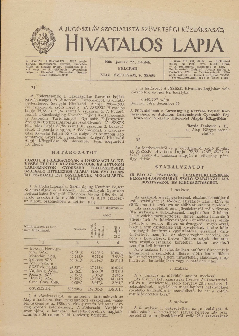 A Jugoszláv Szocialista Szövetségi Köztársaság Hivatalos Lapja, 44. évf. 1988. január 22. 6. sz. 137–188. oldal