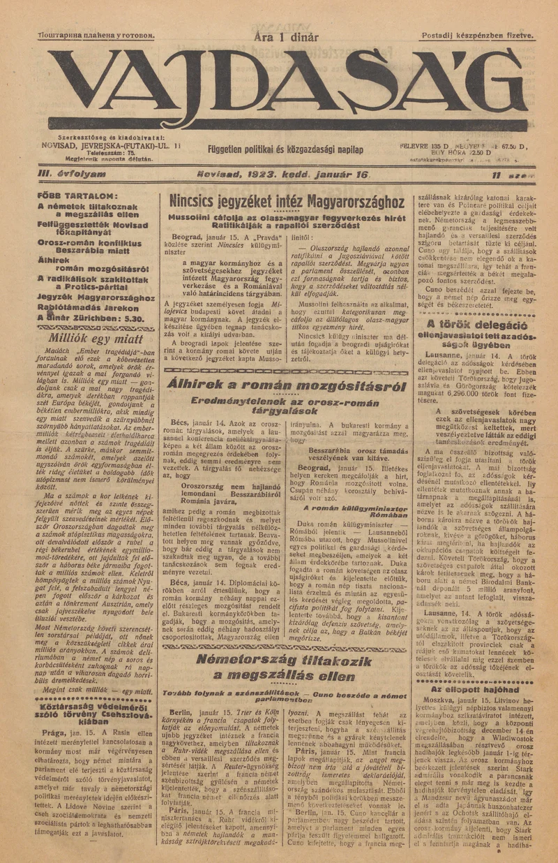 Vajdaság, 3. évf. 1923. január 16. 11. sz.