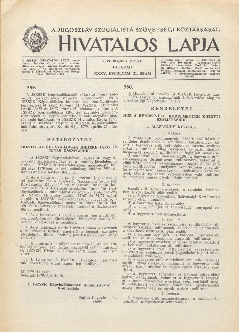 A Jugoszláv Szocialista Szövetségi Köztársaság Hivatalos Lapja, 35. évf. 1979. május 4. 21. sz. 645–652. oldal