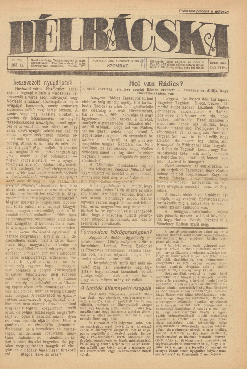 Délbácska, 4. évf. 1923. augusztus 11. 183. sz.