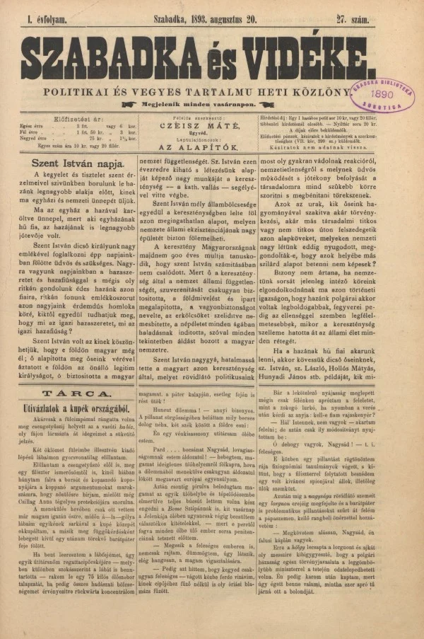 Szabadka és vidéke II, 1. évf. 1893. augusztus 20. 27. sz.