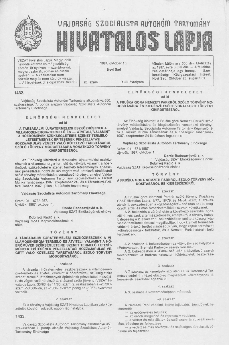 Vajdaság Szocialista Autonóm Tartomány Hivatalos Lapja, 43. évf. 1987. október 15. 26. sz.