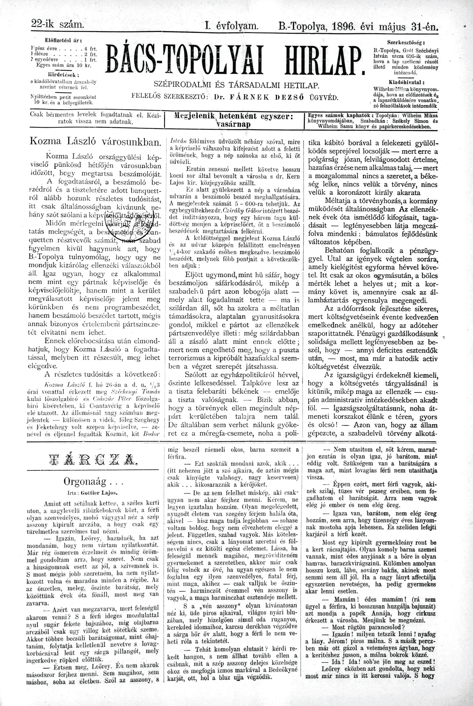 Bács-Topolyai Hirlap, 1. évf. 1896. május 31. 22. sz.