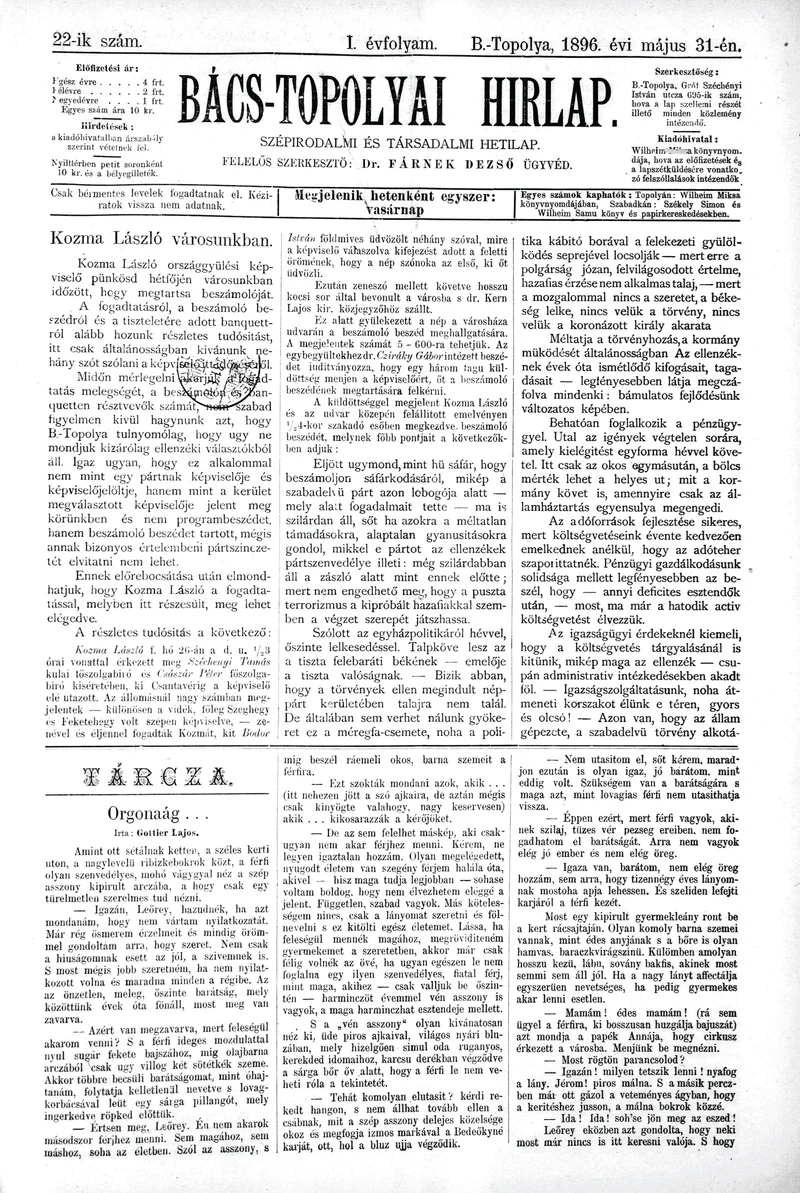 Bács-Topolyai Hirlap, 1. évf. 1896. május 31. 22. sz.