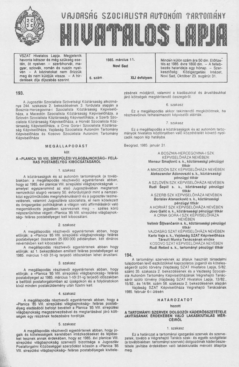 Vajdaság Szocialista Autonóm Tartomány Hivatalos Lapja, 41. évf. 1985. március 11. 6. sz.