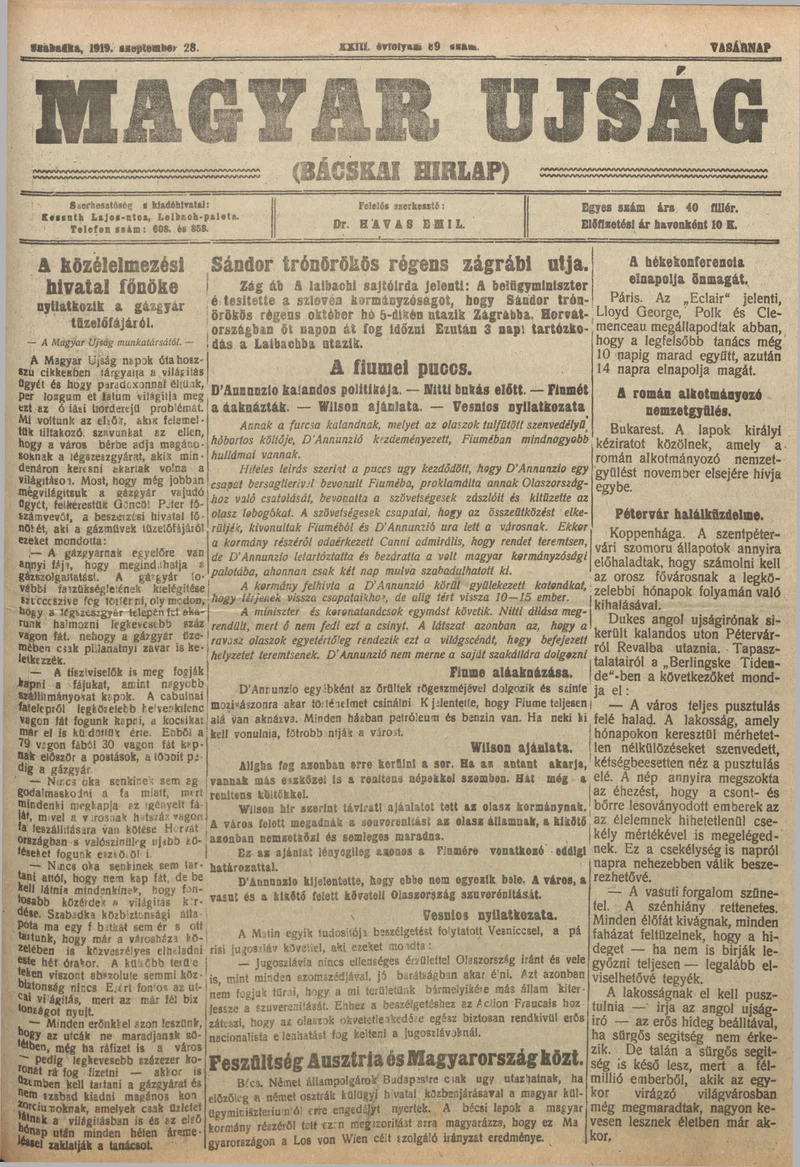 Bácskai Hirlap, 23. évf. 1919. szeptember 28. 89. sz.