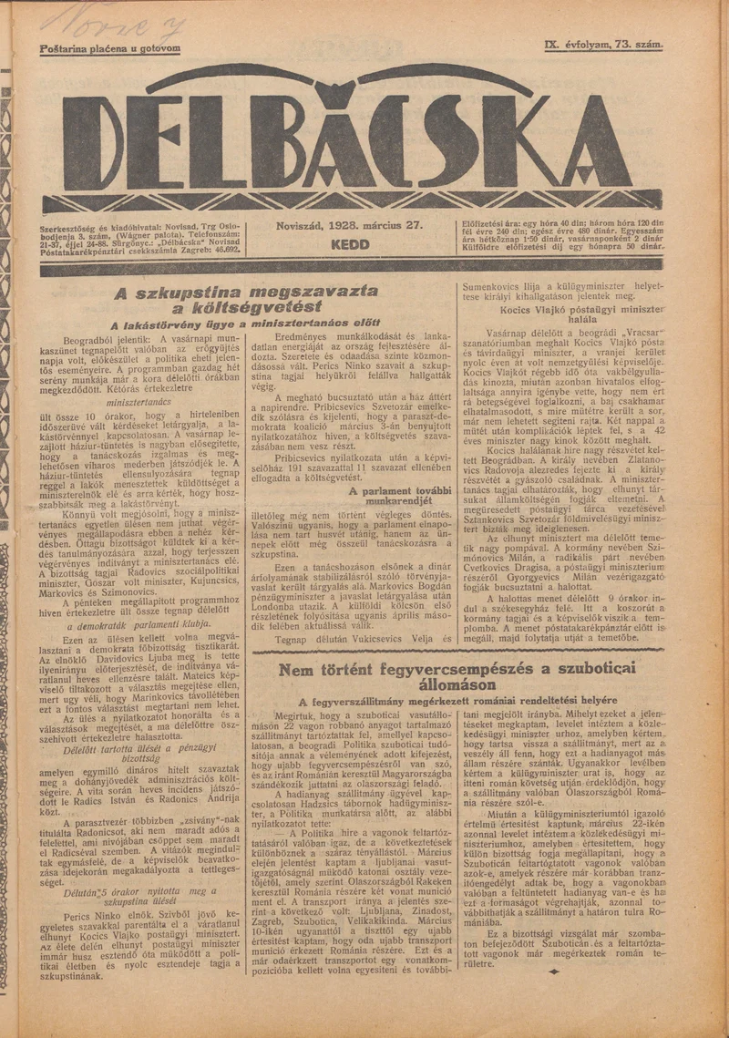 Délbácska, 9. évf. 1928. március 27. 73. sz.