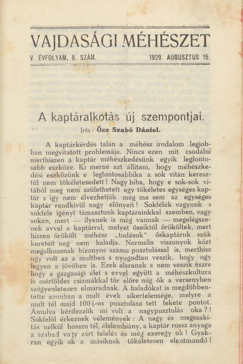 Vajdasági méhészet, 4. évf. 1929. augusztus 15. 8. sz.