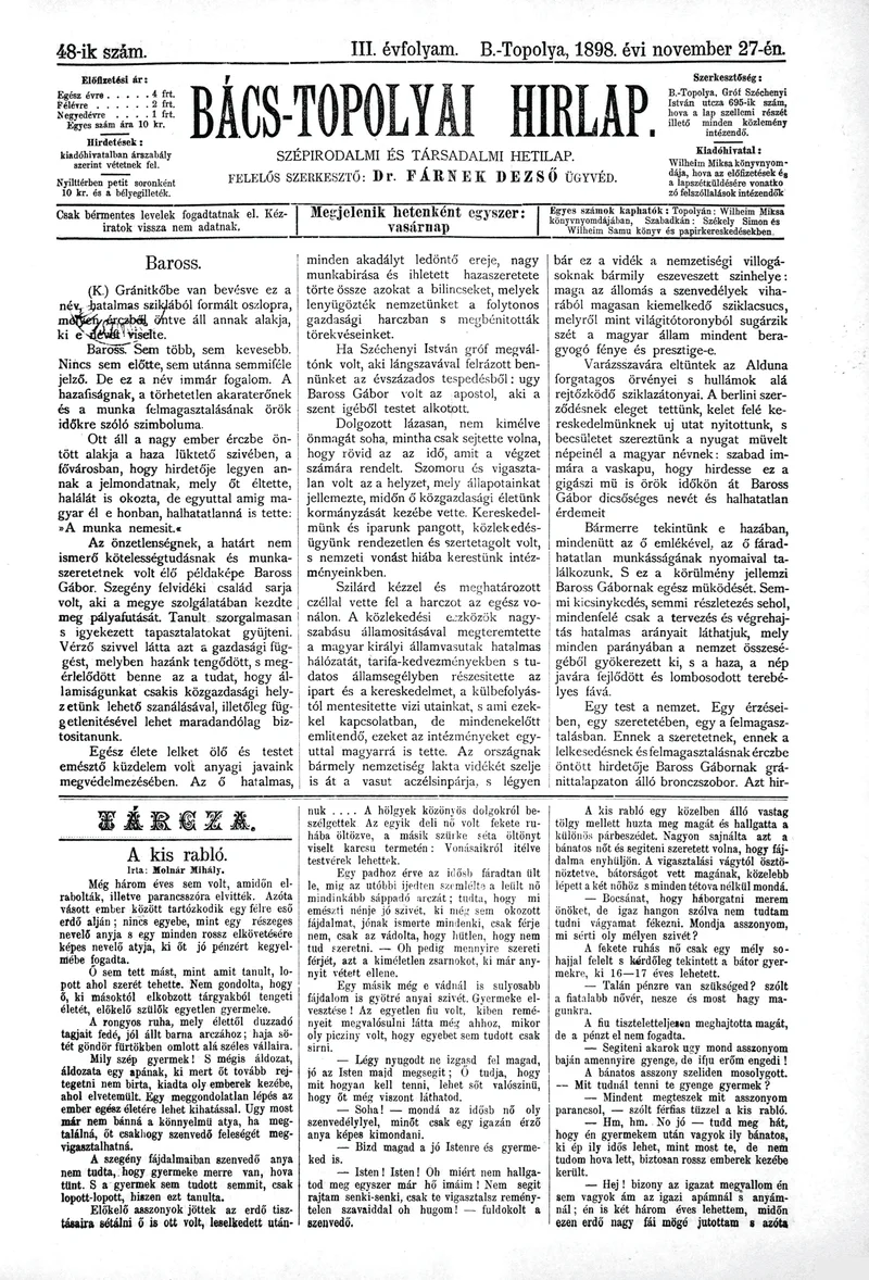 Bács-Topolyai Hirlap, 3. évf. 1898. november 27. 48. sz.