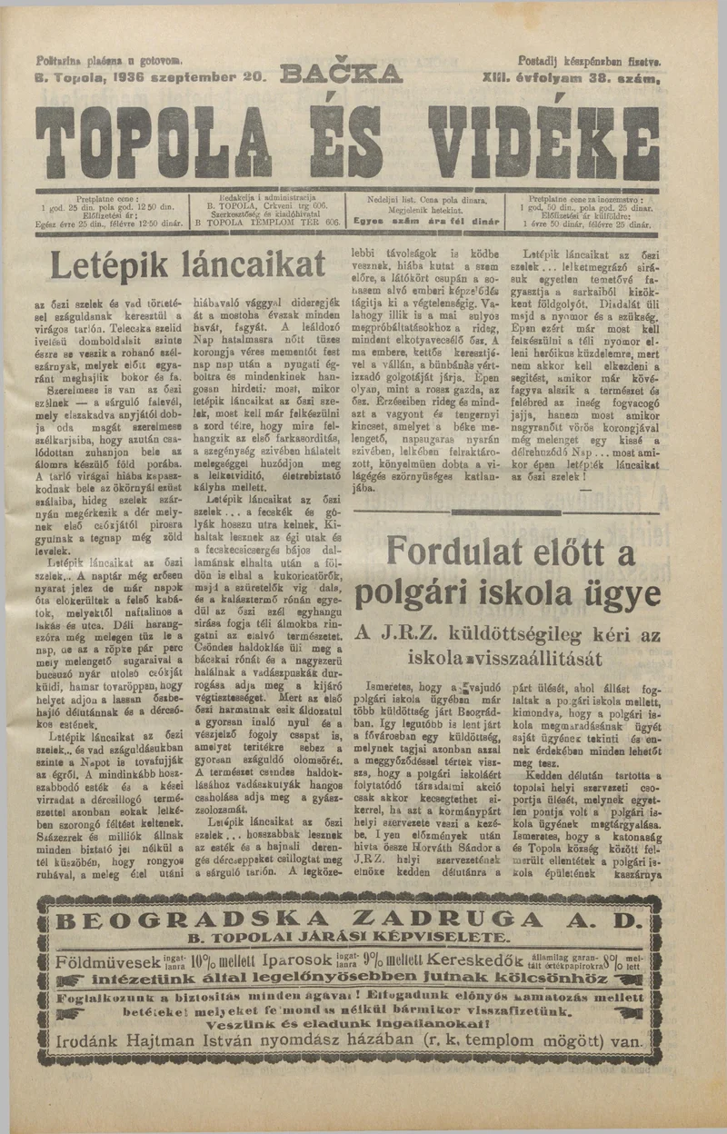 Bačka Topola és Vidéke, 13. évf. 1936. szeptember 20. 38. sz.