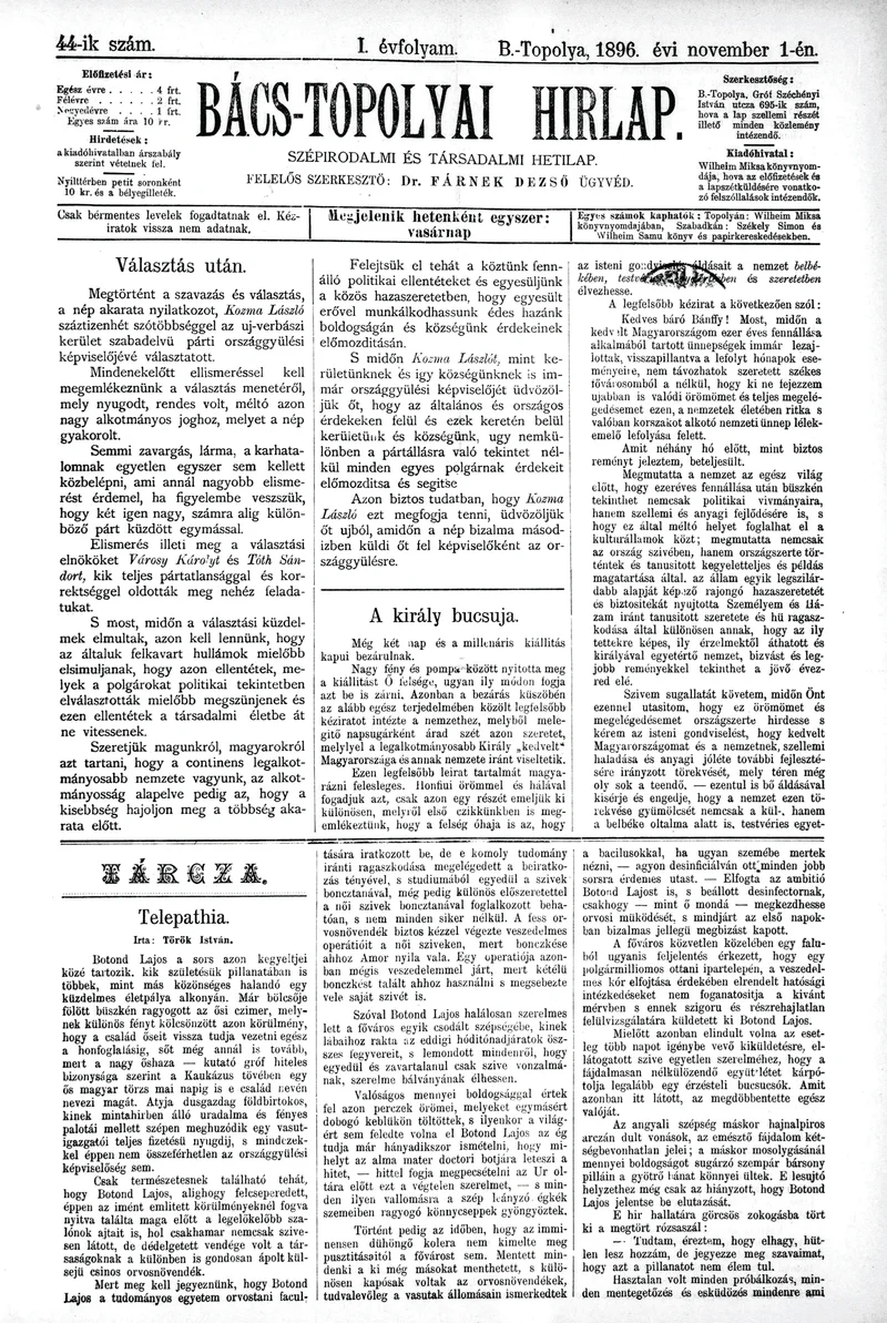 Bács-Topolyai Hirlap, 1. évf. 1896. november 1. 44. sz.