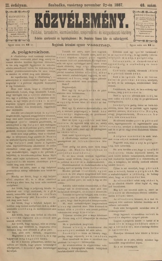 Közvélemény, 2. évf. 1887. november 27. 48. sz.