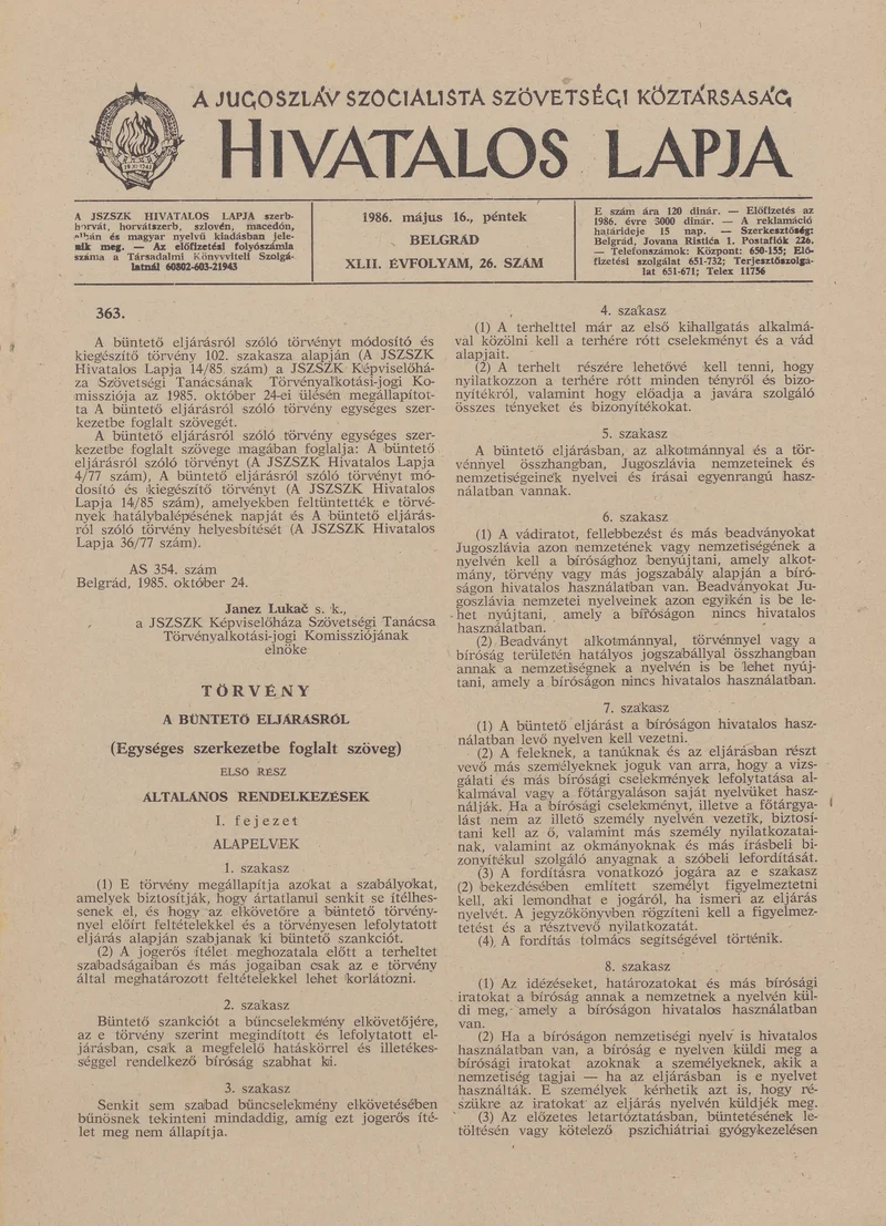 A Jugoszláv Szocialista Szövetségi Köztársaság Hivatalos Lapja, 42. évf. 1986. május 16. 26. sz. 789–852. oldal