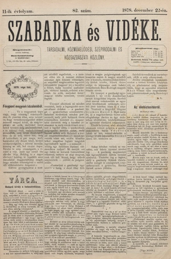 Szabadka és vidéke, 2. évf. 1878. december 22. 82. sz.