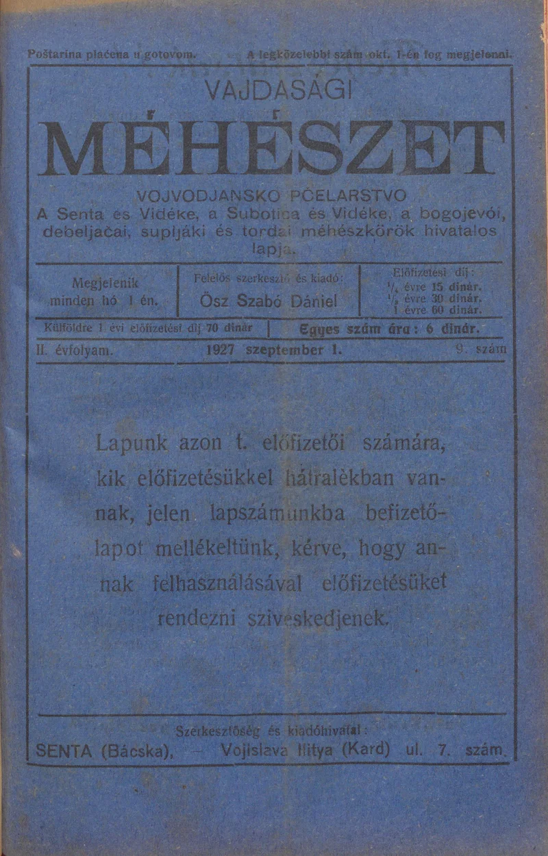 Vajdasági méhészet, 2. évf. 1927. szeptember 1. 9. sz.
