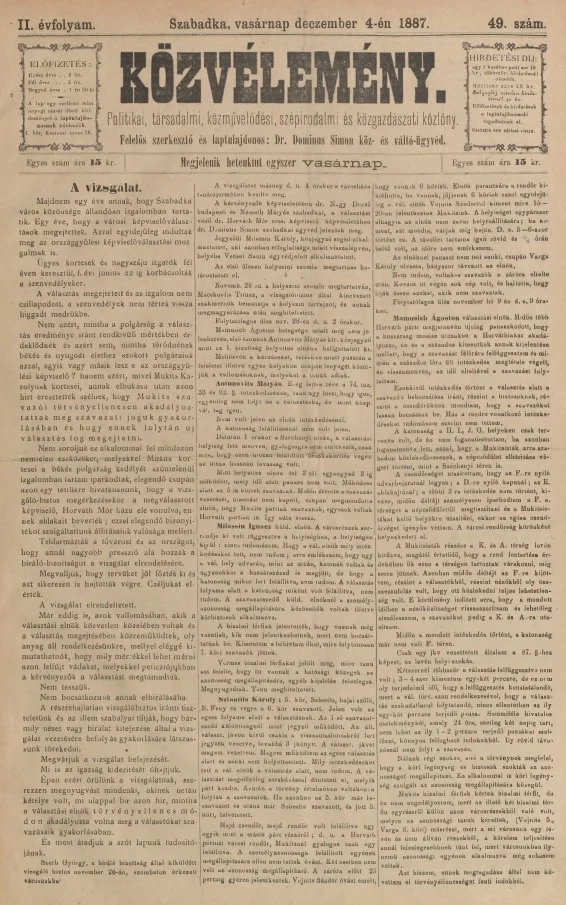 Közvélemény, 2. évf. 1887. december 4. 49. sz.