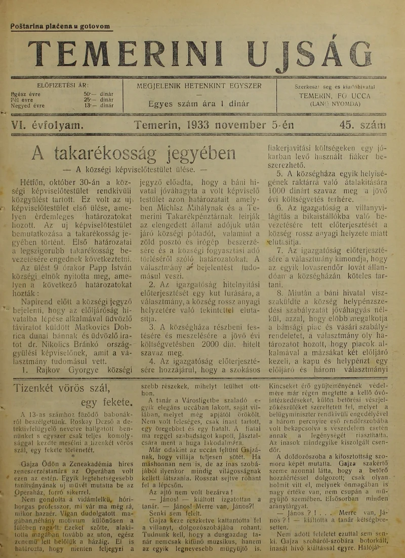 Temerini Újság 1928-1944, 6. évf. 1933. november 5. 45. sz.