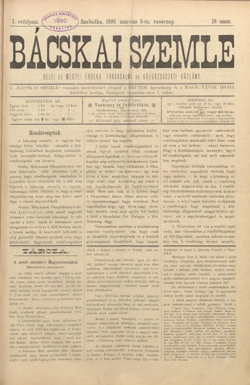 Bácskai Szemle, 1. évf. 1893. március 5. 19. sz.