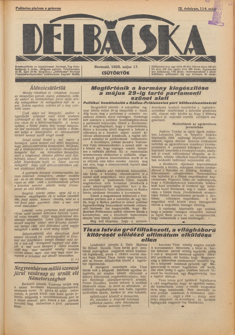 Délbácska, 9. évf. 1928. május 17. 114. sz.