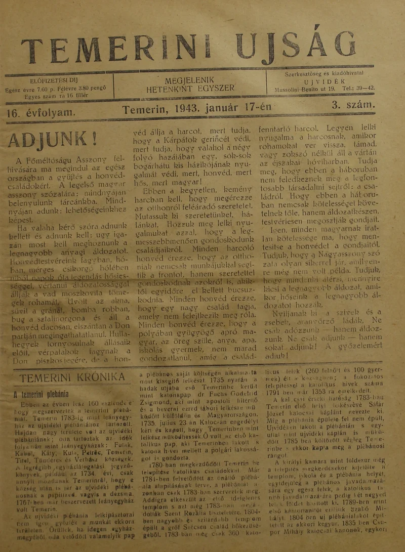 Temerini Újság 1928-1944, 16. évf. 1943. január 17. 3. sz.