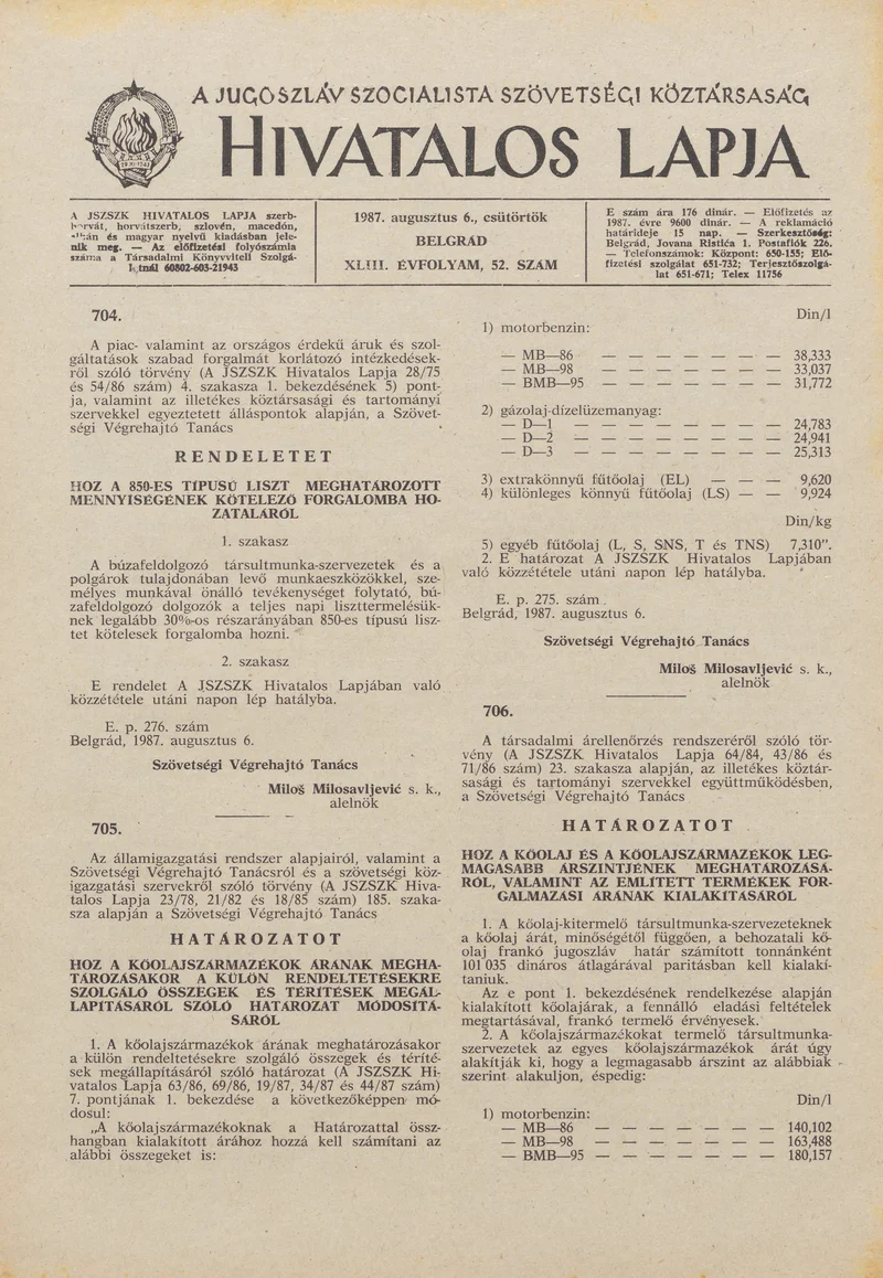 A Jugoszláv Szocialista Szövetségi Köztársaság Hivatalos Lapja, 43. évf. 1987. augusztus 6. 52. sz. 1289–1304. oldal