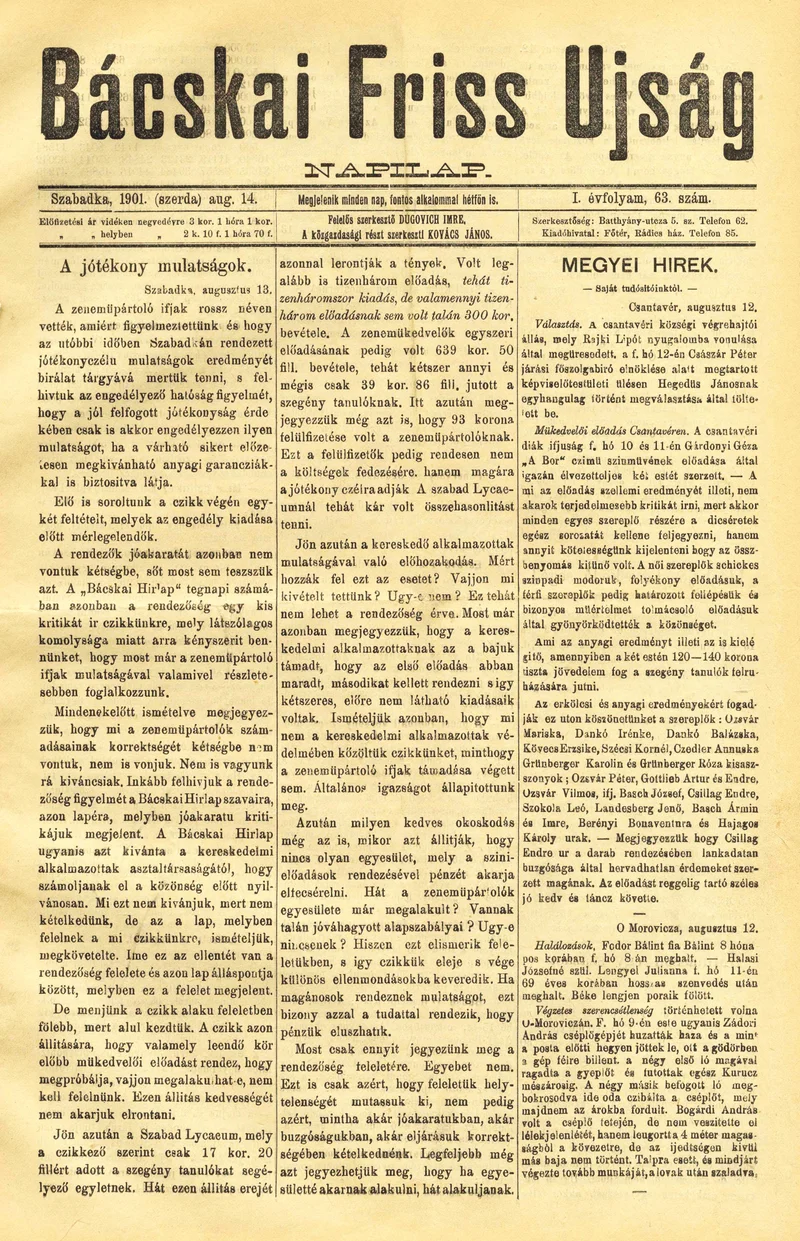 Bácskai Friss Ujság, 1. évf. 1901. augusztus 14. 63. sz.