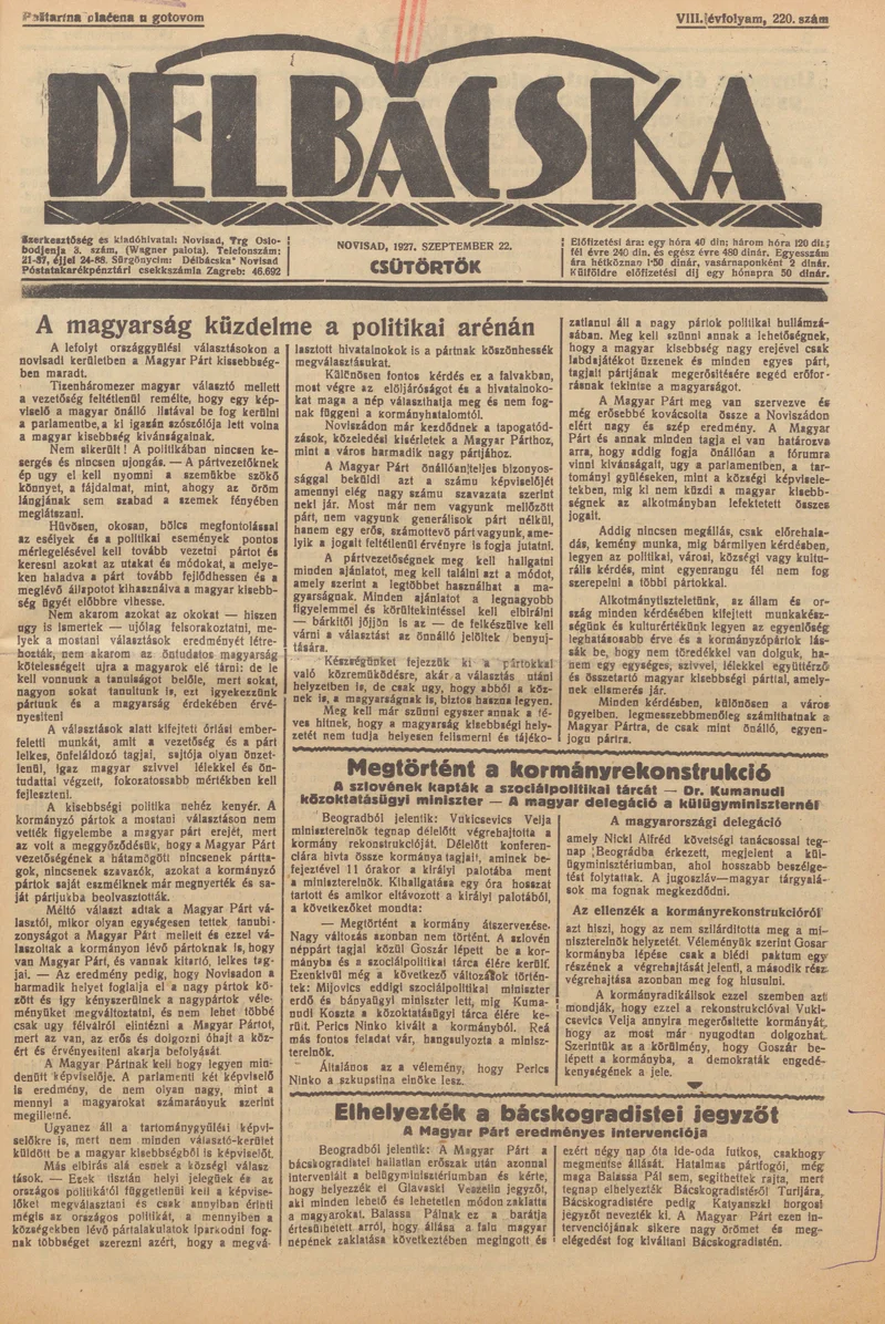 Délbácska, 8. évf. 1927. szeptember 22. 220. sz.