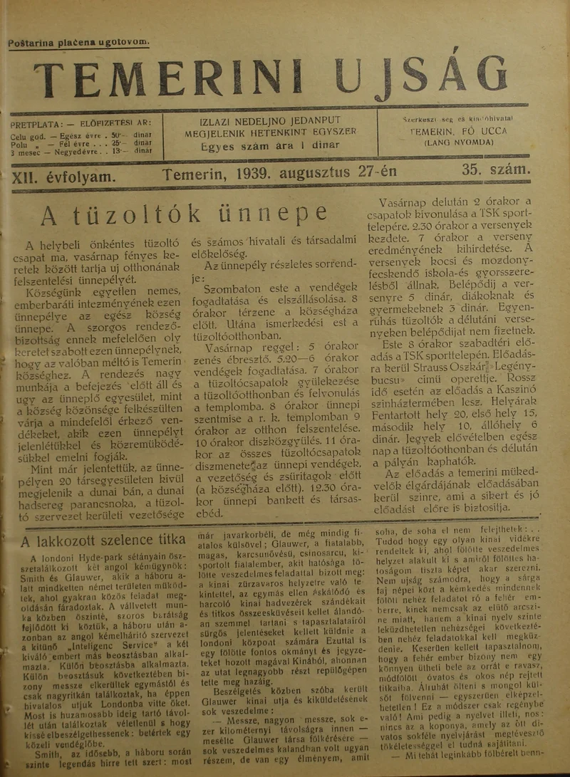 Temerini Újság 1928-1944, 12. évf. 1939. augusztus 27. 35. sz.