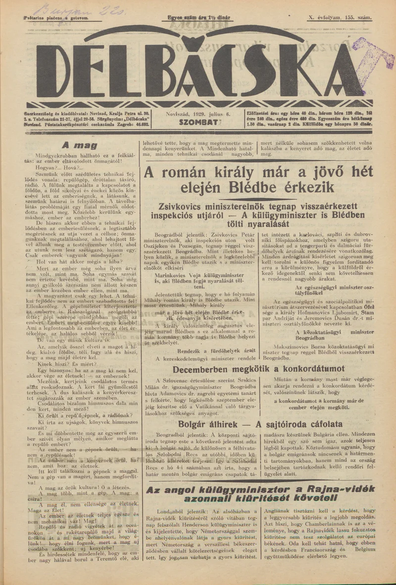 Délbácska, 10. évf. 1929. július 6. 155. sz.