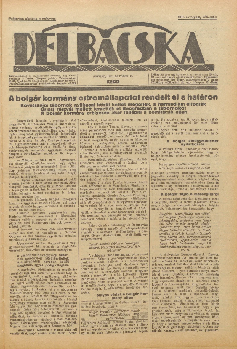 Délbácska, 8. évf. 1927. október 11. 236. sz.