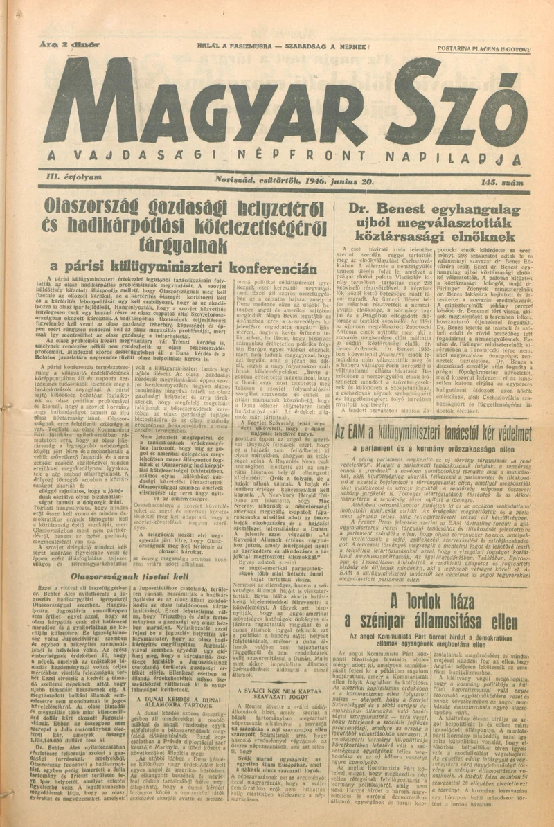 Magyar Szó, 3. évf. 1946. június 20. 145. sz. 1–8. oldal